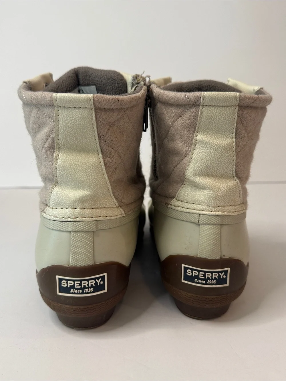 Sperry Duck Boots Quilted Wool Lace-Up Side Zip Waterproof Boots, Tan & Cream